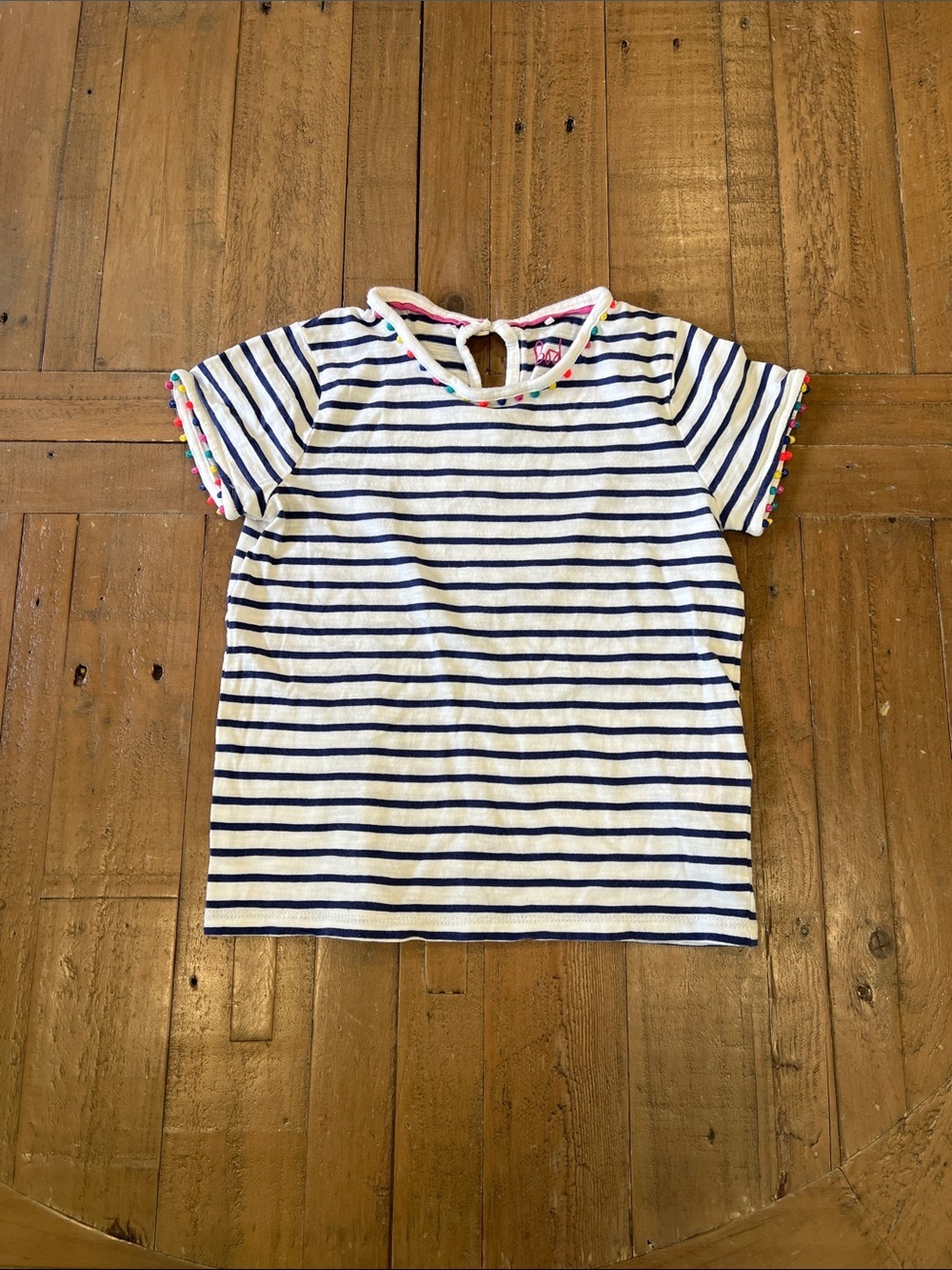 Mini boden blue stripe Pom Pom trim short sleeve tee shirt 5-6 years